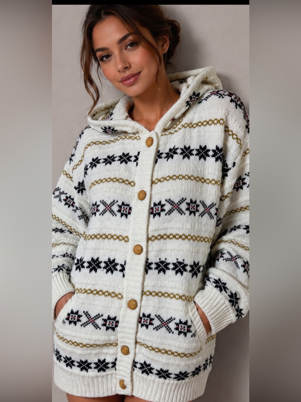 M Women Fair Isle Hooded Cardigan Sweater Ivory Nordic Button Front Pockets